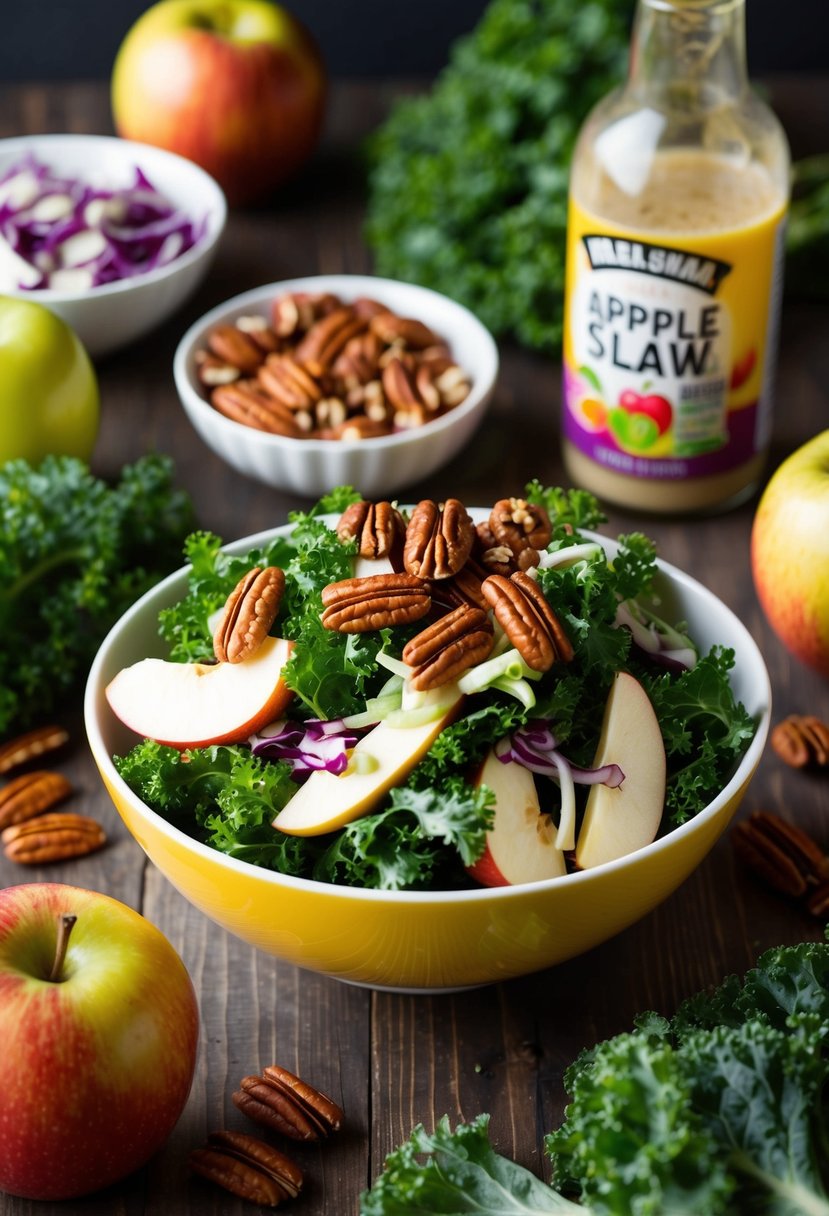 A colorful bowl of kale and apple slaw topped with pecans, surrounded by fresh ingredients and a bottle of dressing