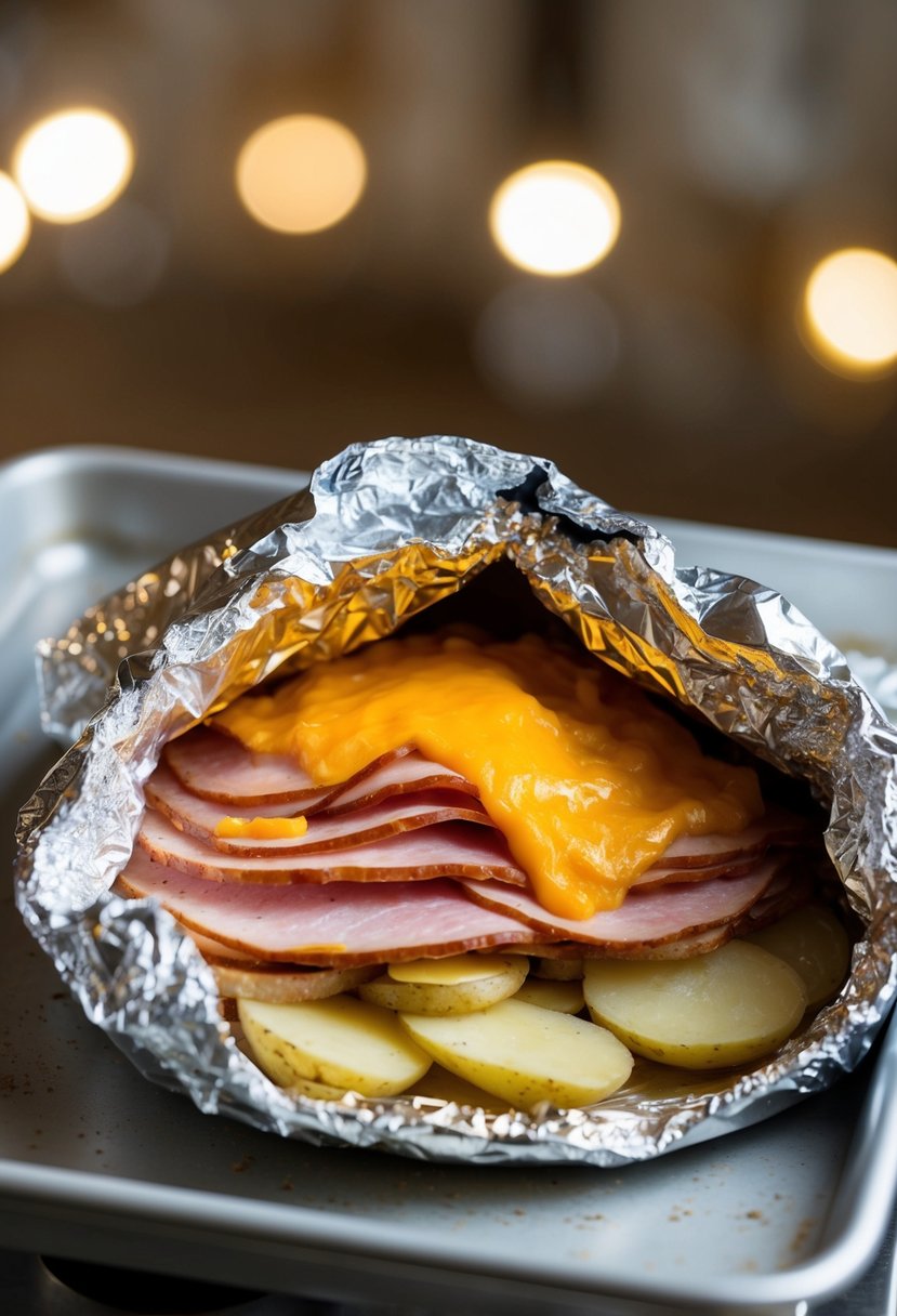 A foil packet filled with layers of ham, sliced potatoes, and gooey melted cheese, sitting on a baking tray ready to be placed in the oven