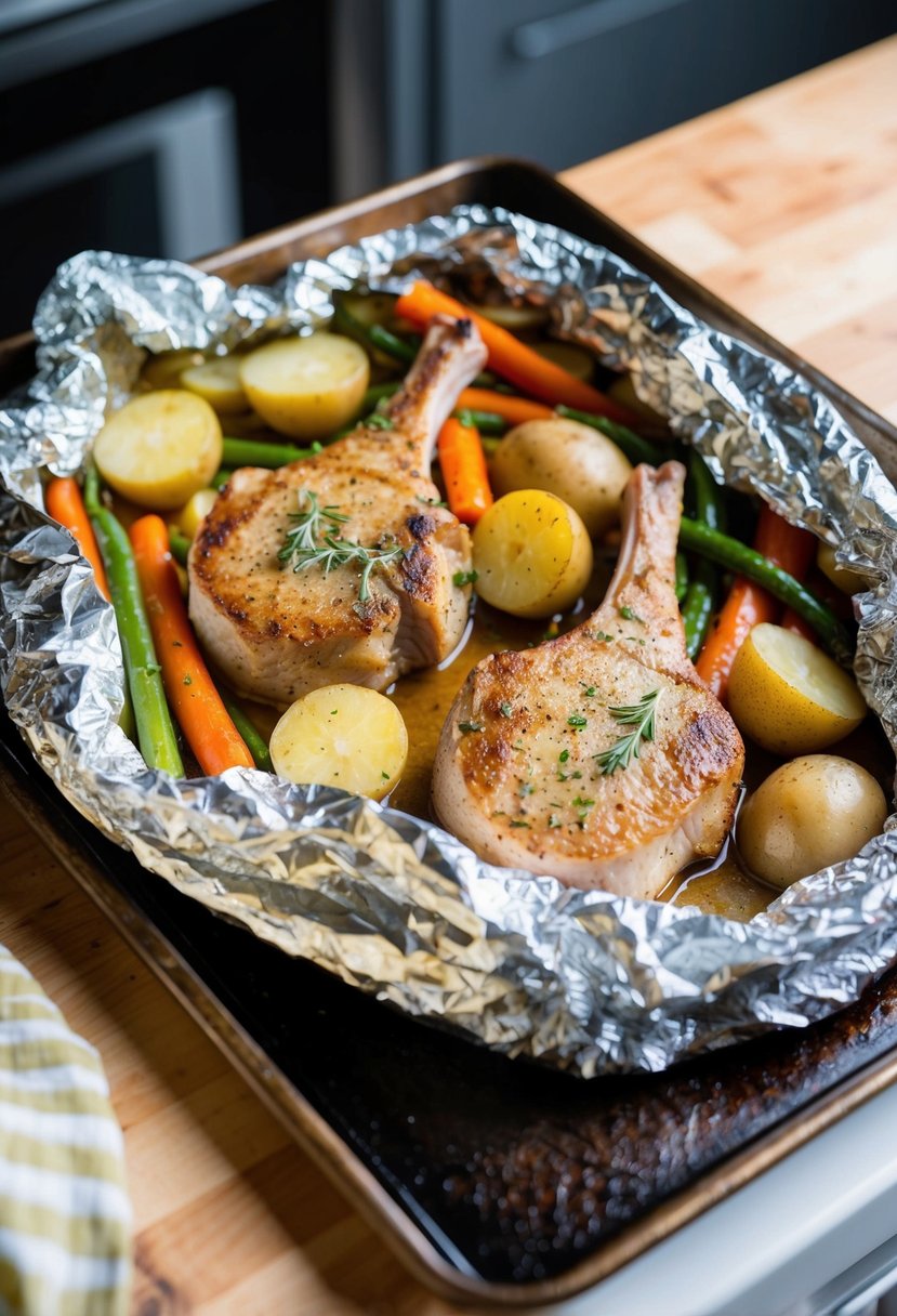 A foil packet filled with seasoned pork chops, potatoes, and vegetables sits on a baking sheet ready to be placed in the oven