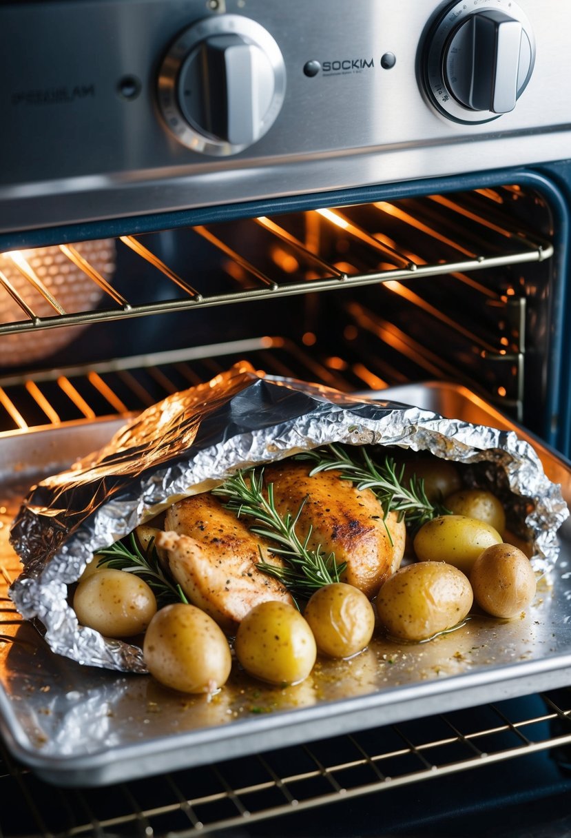 A foil packet filled with rosemary chicken and potatoes sits on a baking sheet inside a preheated oven