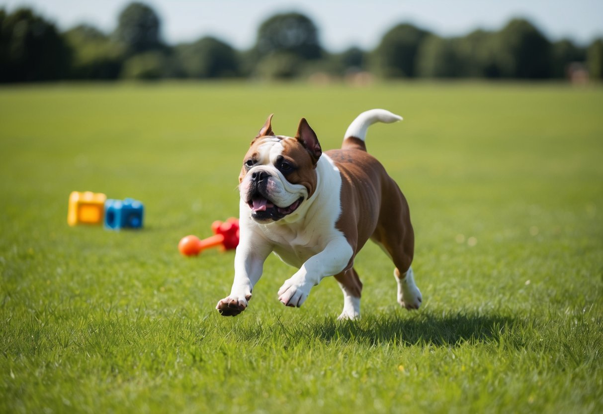 An American bulldog running and playing in a spacious, grassy field, with a few toys scattered around for exercise