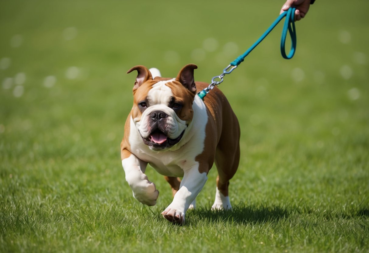 An American bulldog running in a green field with a leash in its owner's hand