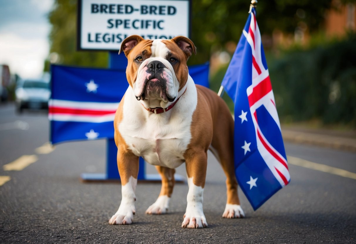 An American bulldog stands in front of a UK flag, with a sign reading "Breed-Specific Legislation" in the background