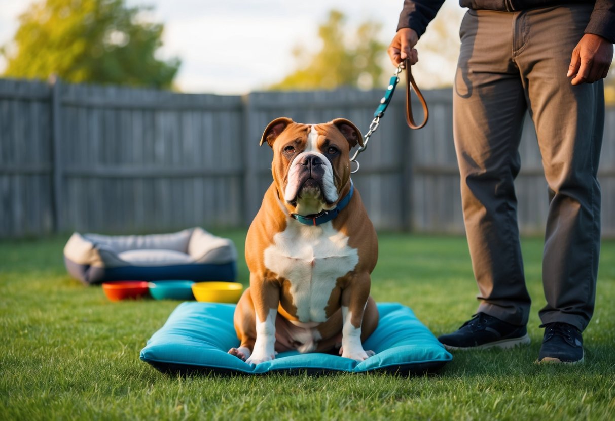 An American bulldog sits obediently beside its owner, wearing a collar and leash. A dog bed, food and water bowls, and a fenced yard are visible in the background