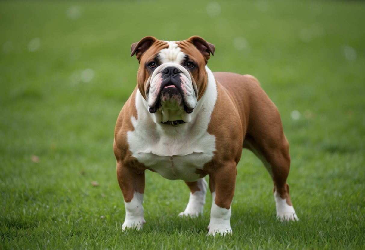 An American Bulldog stands proudly in a lush green field, its muscular build and strong stance showcasing its powerful presence