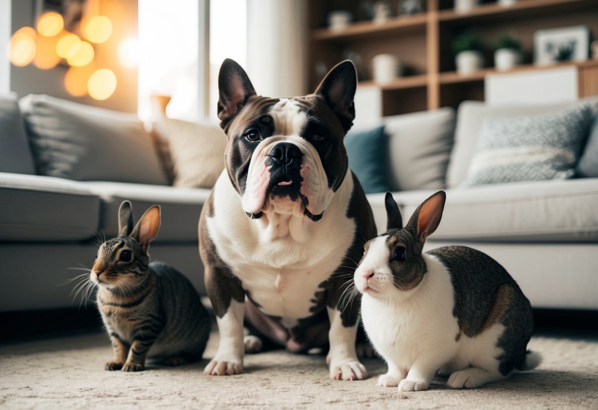 An American bulldog peacefully coexisting with a cat and a rabbit in a cozy living room