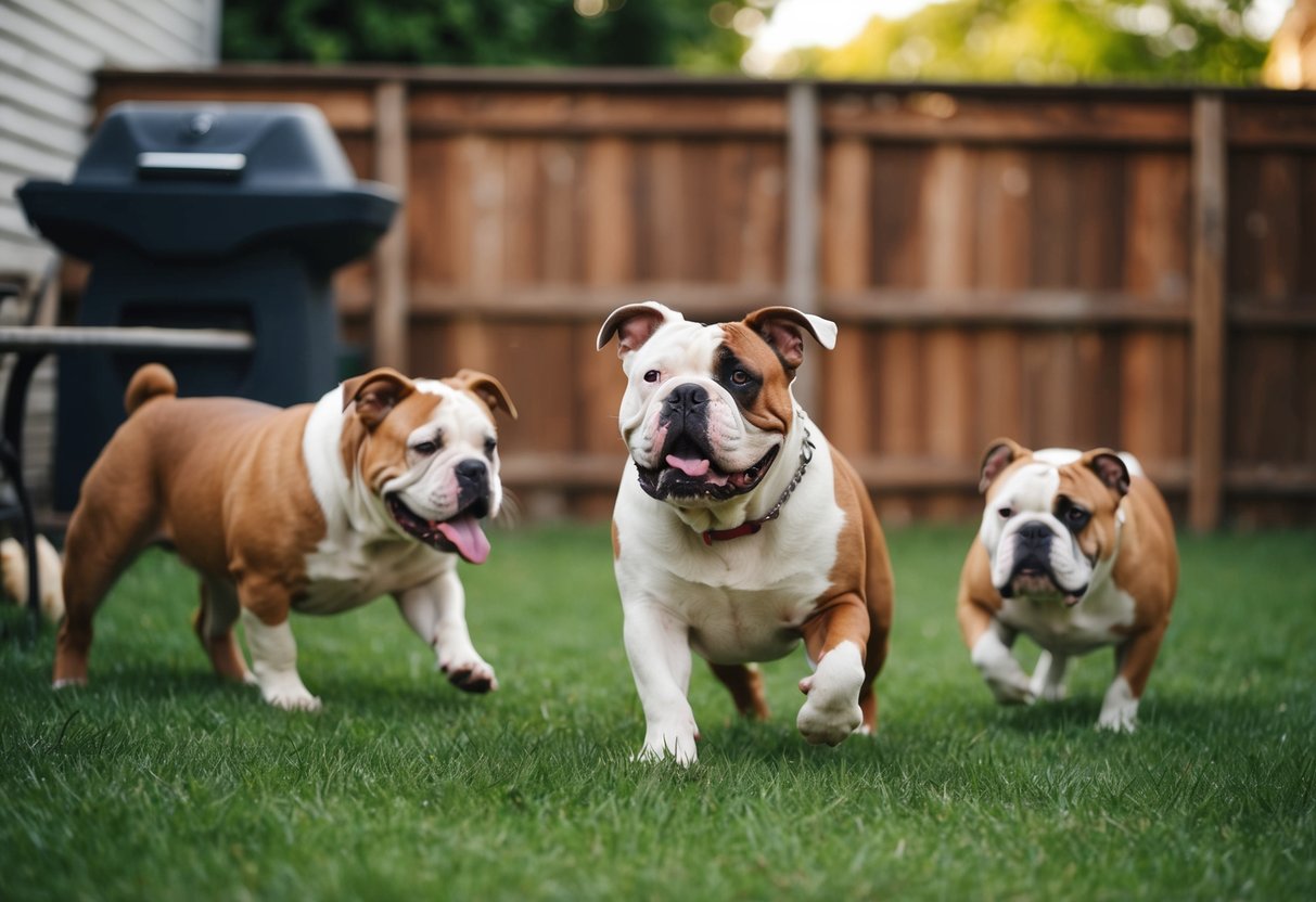An American Bulldog playing peacefully with other pets in a backyard