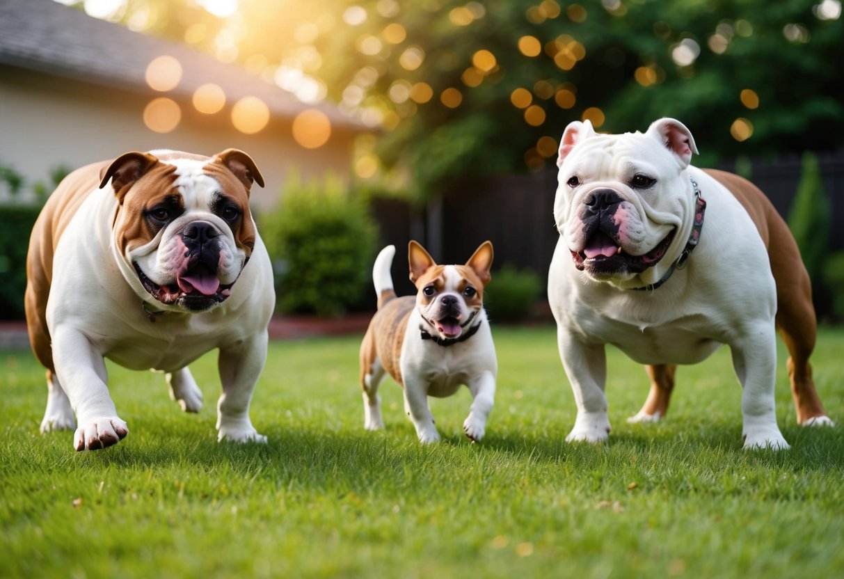 Two American bulldogs playing with a friendly cat and a small dog in a spacious backyard