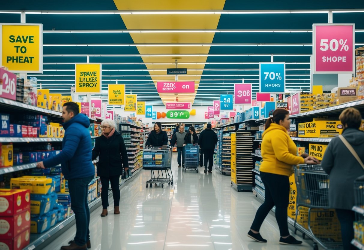 A bustling supermarket aisle with colorful promotional signs, stacked product displays, and busy shoppers browsing discounted items
