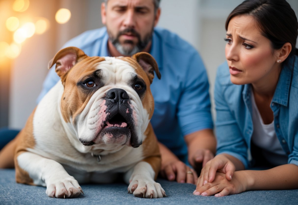 An American bulldog struggling to breathe due to respiratory issues, with a worried owner looking on