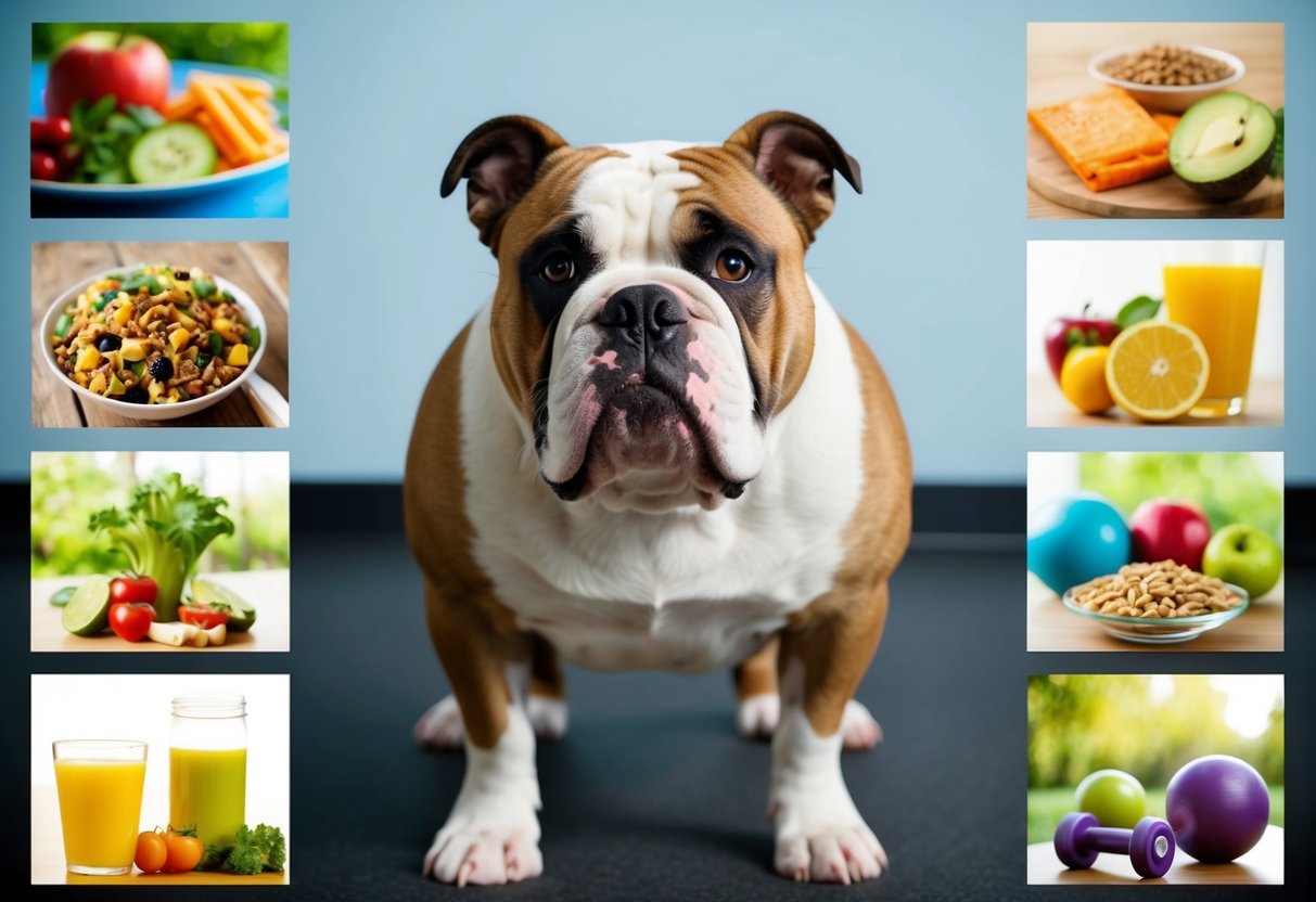 An American bulldog with a concerned expression, surrounded by images of healthy food and exercise equipment