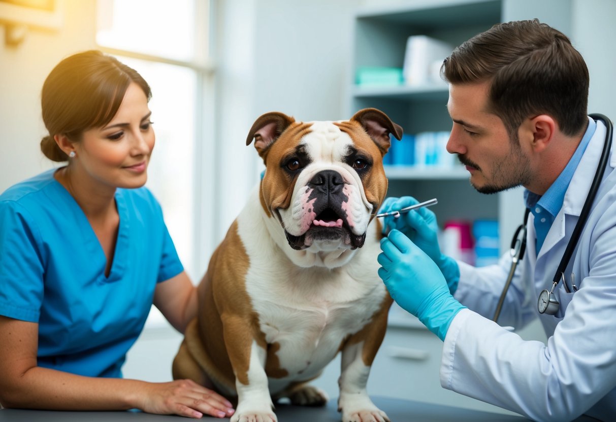 An American Bulldog receiving a health check-up at the vet's office, with a concerned owner looking on. The vet is examining the dog's eyes, ears, and teeth