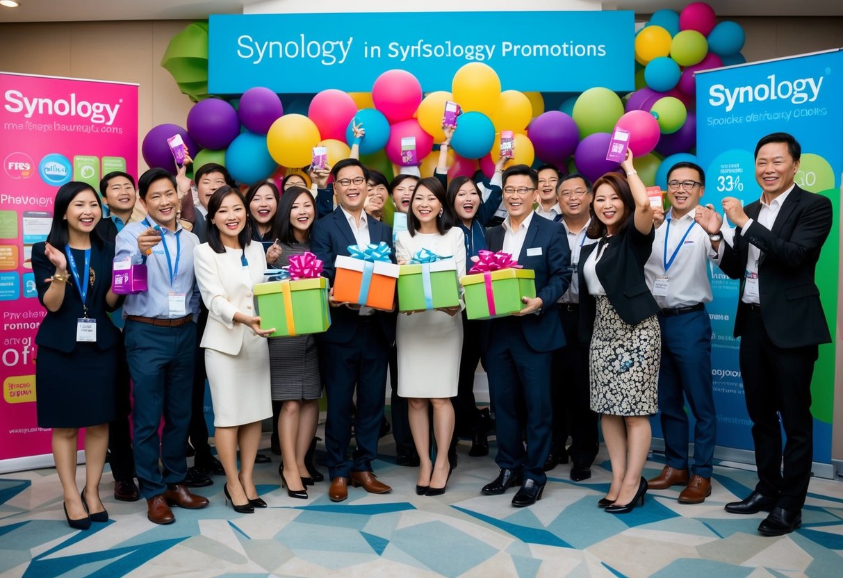 A group of people excitedly receiving free gifts and discounts at a Synology promotions event, surrounded by colorful banners and promotional materials