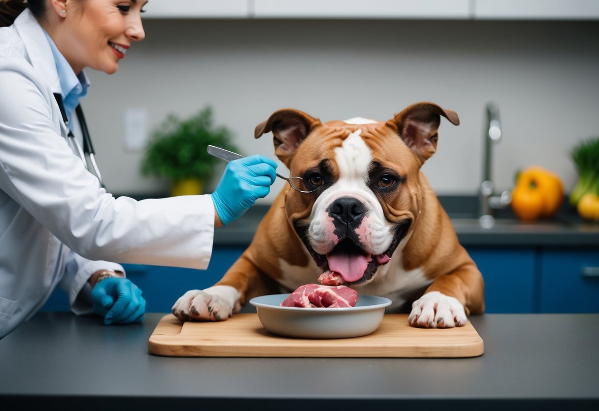 An American bulldog eagerly eats a raw meat meal while a veterinarian provides feeding guidelines