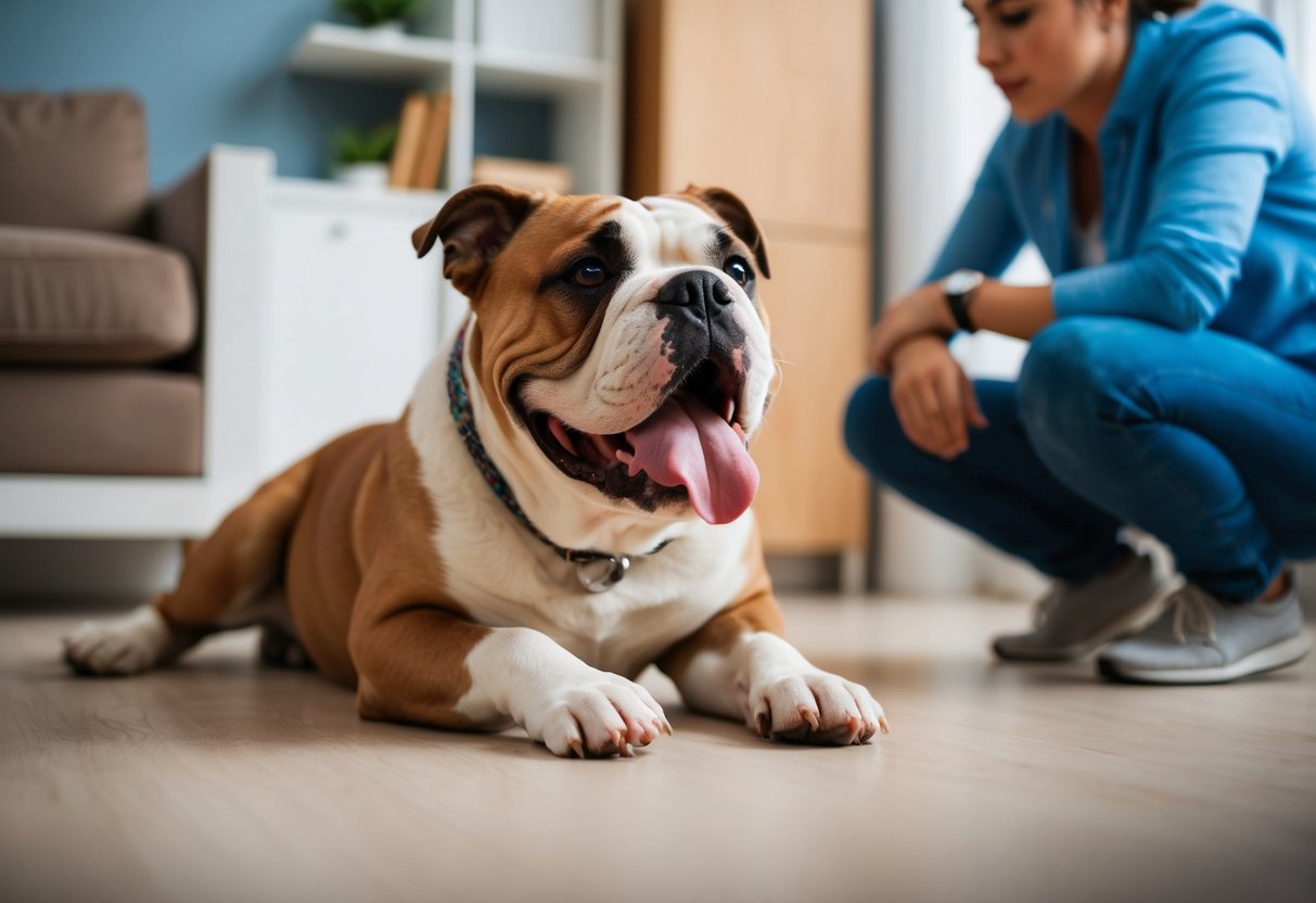 An American bulldog panting heavily while lying on the floor, tongue hanging out, with a concerned owner looking on
