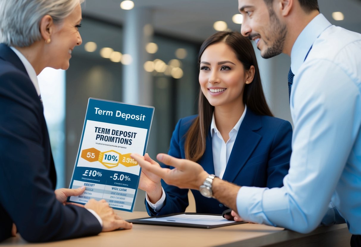 A bank teller presenting term deposit promotions to a customer at a desk. The customer listens attentively while the teller explains the benefits