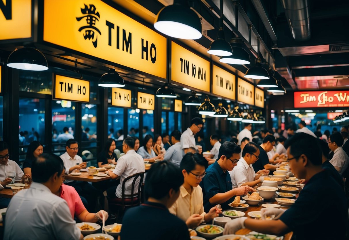 A crowded restaurant with Tim Ho Wan promotion signs, people enjoying dim sum, and staff serving dishes