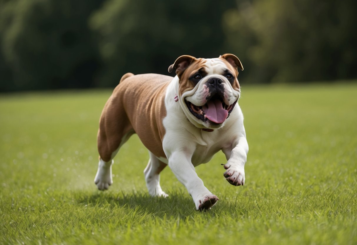 An American bulldog races across a grassy field, tongue lolling and tail wagging in pure joy