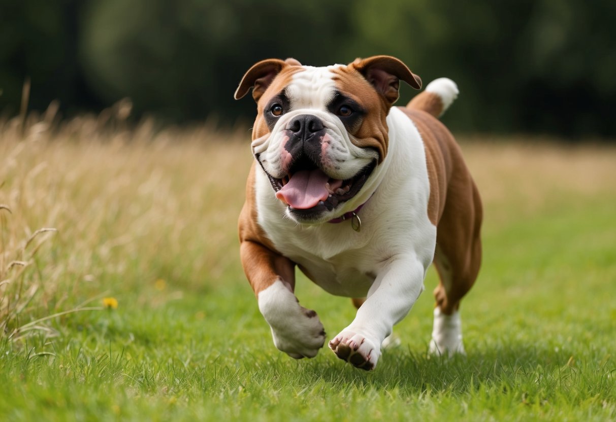 An American bulldog happily runs through a grassy field, tongue lolling and tail wagging