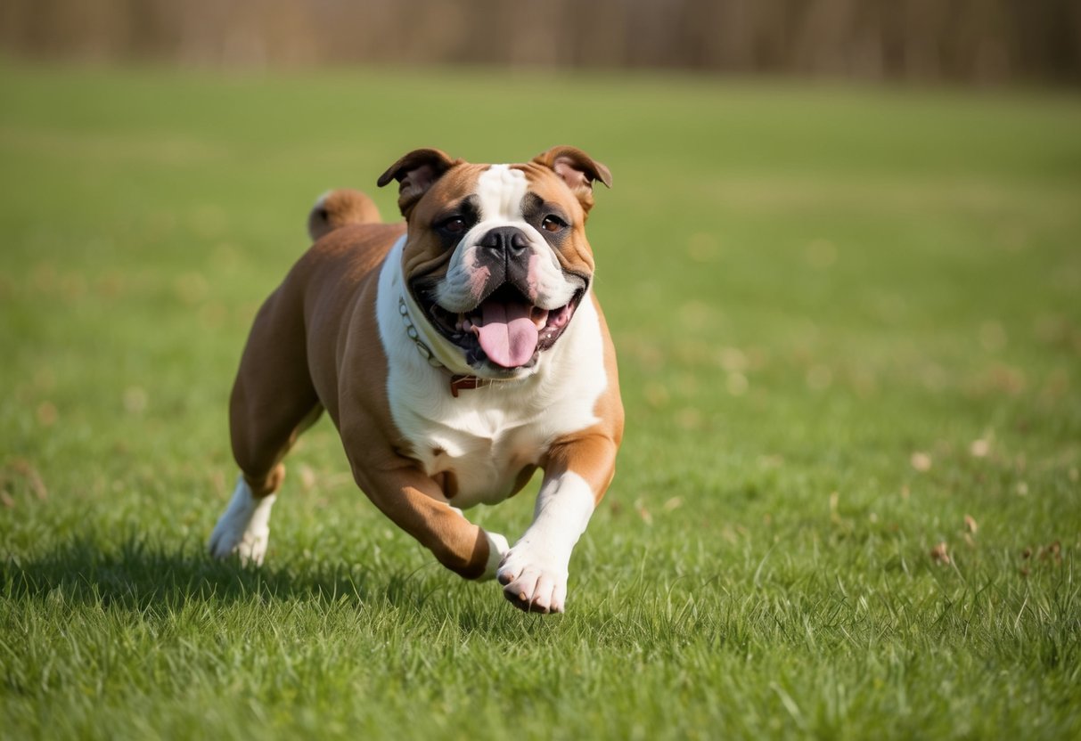 An American bulldog running happily through a grassy field, tongue lolling and tail wagging