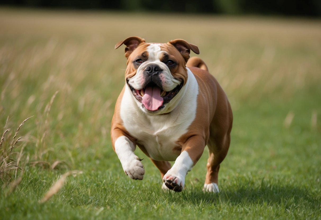 An American bulldog runs happily through a grassy field, tongue lolling out and ears flopping in the wind