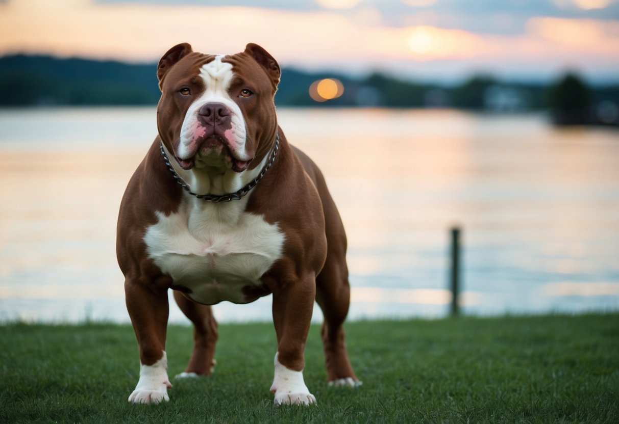 A muscular XL American Bully stands confidently, with a broad chest and powerful build, exuding a strong and determined temperament