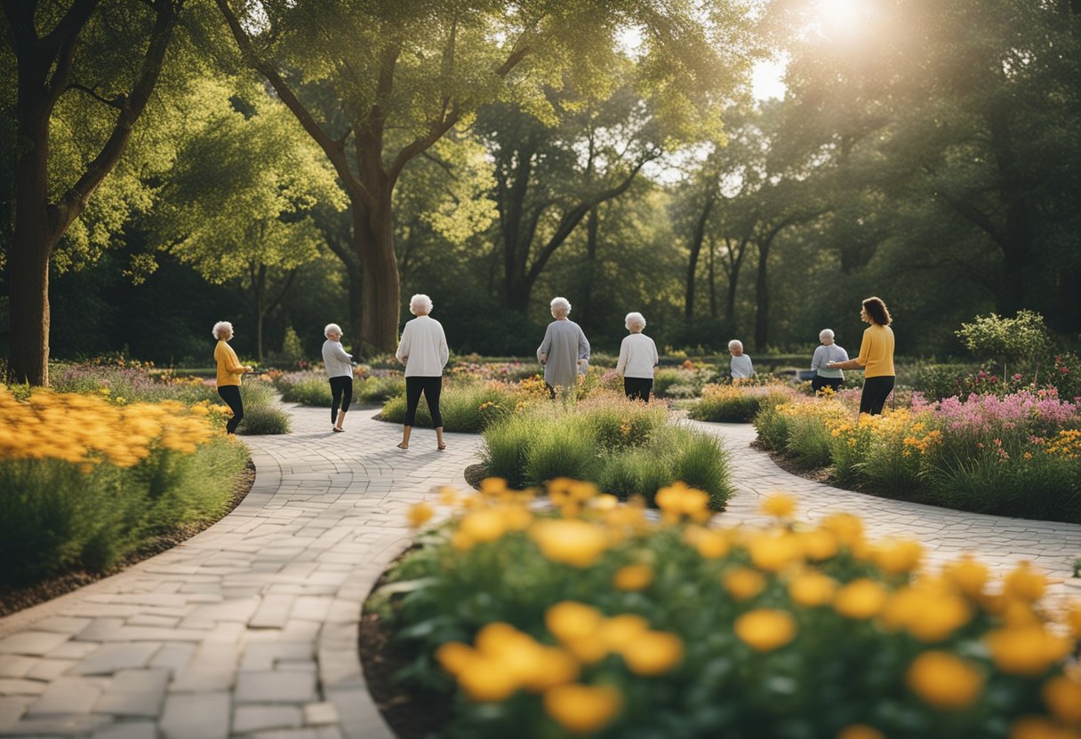 A serene park with winding paths, vibrant gardens, and a group of seniors engaged in various activities like yoga, puzzles, and socializing