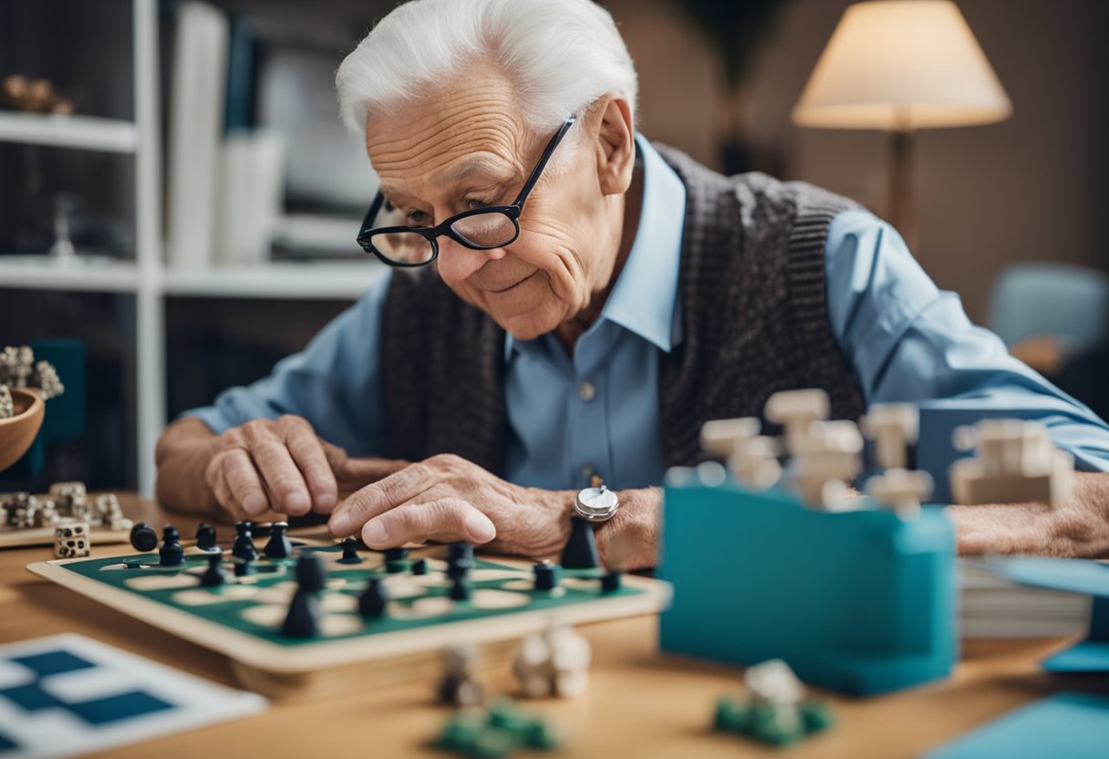 A senior engaged in cognitive exercises, surrounded by brain training tools and activities, such as puzzles, books, and memory games