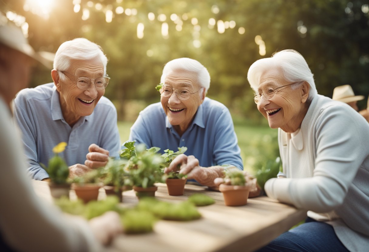 A group of seniors engage in various social activities, such as playing games, gardening, and exercising, to promote emotional well-being and prevent memory loss