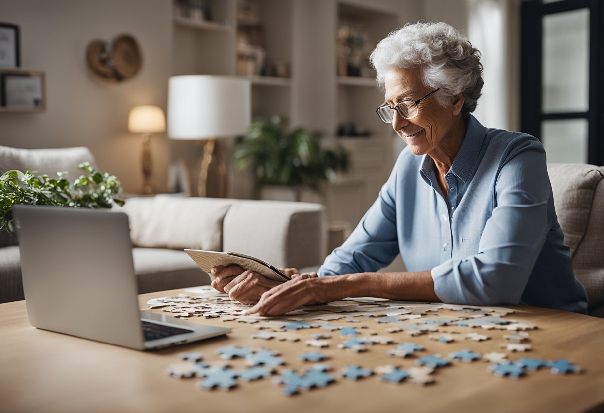 A serene and organized living room with a senior engaged in various memory-boosting activities such as puzzles, reading, and socializing with family