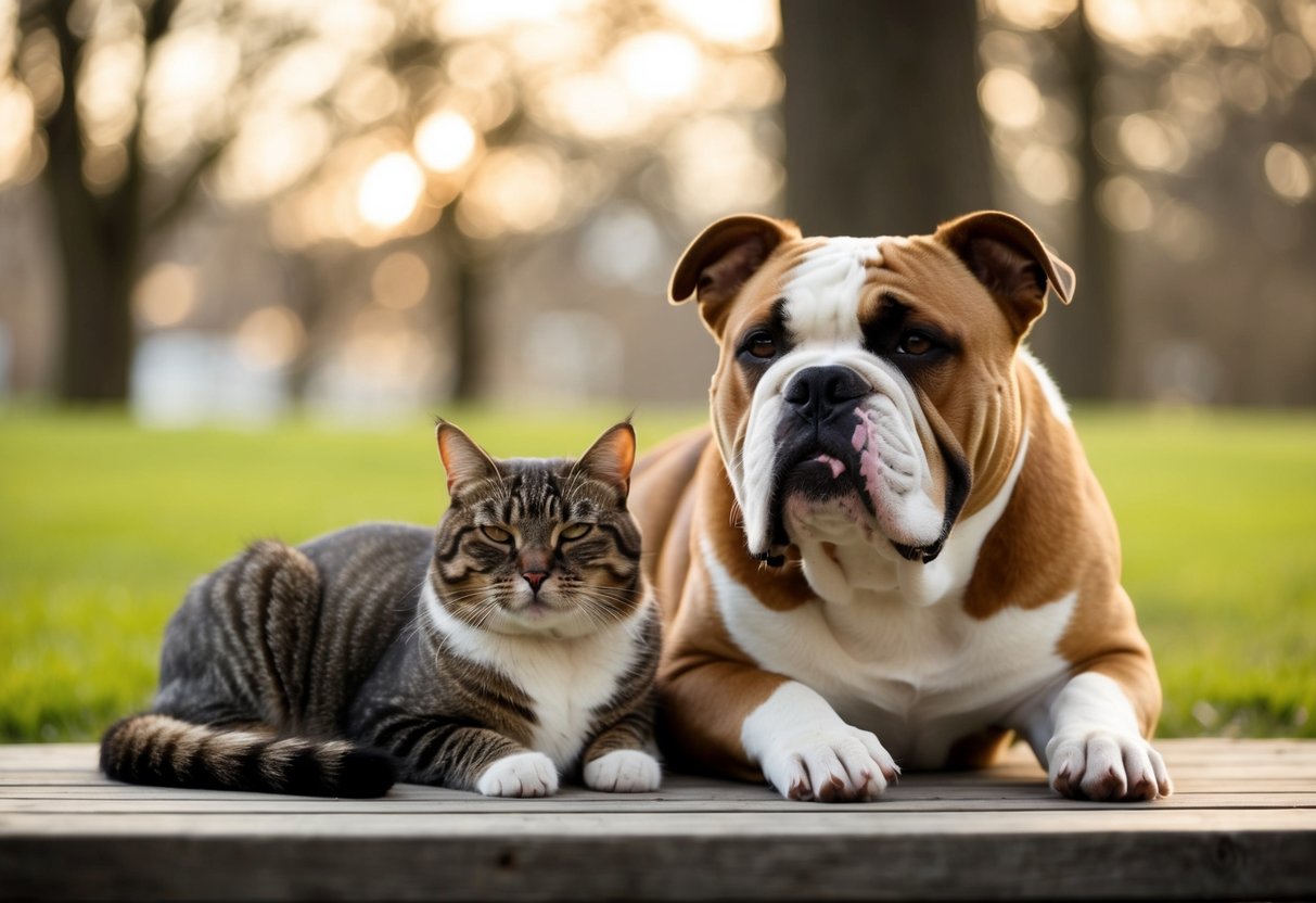 An American bulldog sitting calmly next to a relaxed cat, both animals showing signs of contentment and comfort in each other's presence