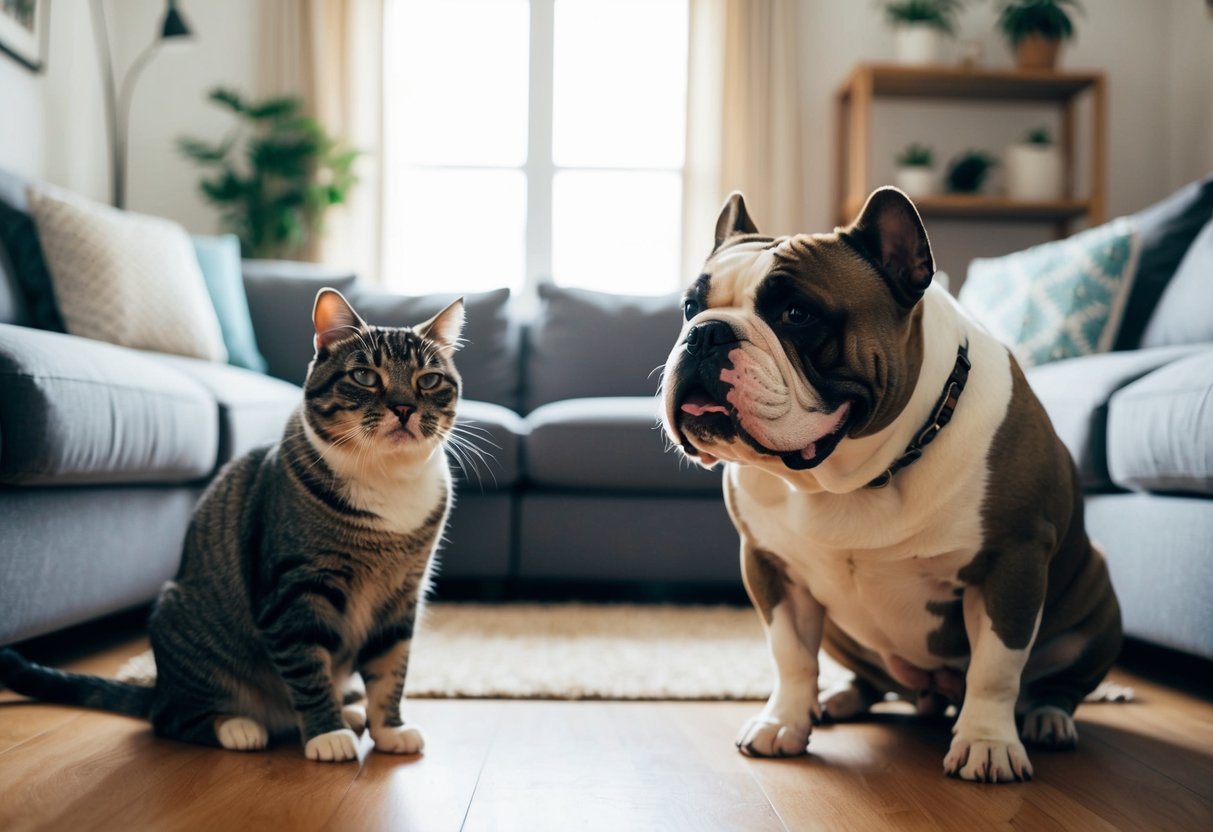 An American Bulldog peacefully coexisting with a contented cat in a cozy living room