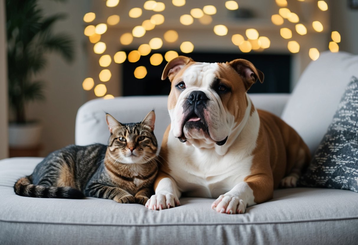 An American bulldog sits calmly next to a contented cat, both animals relaxed and at ease in a cozy living room setting
