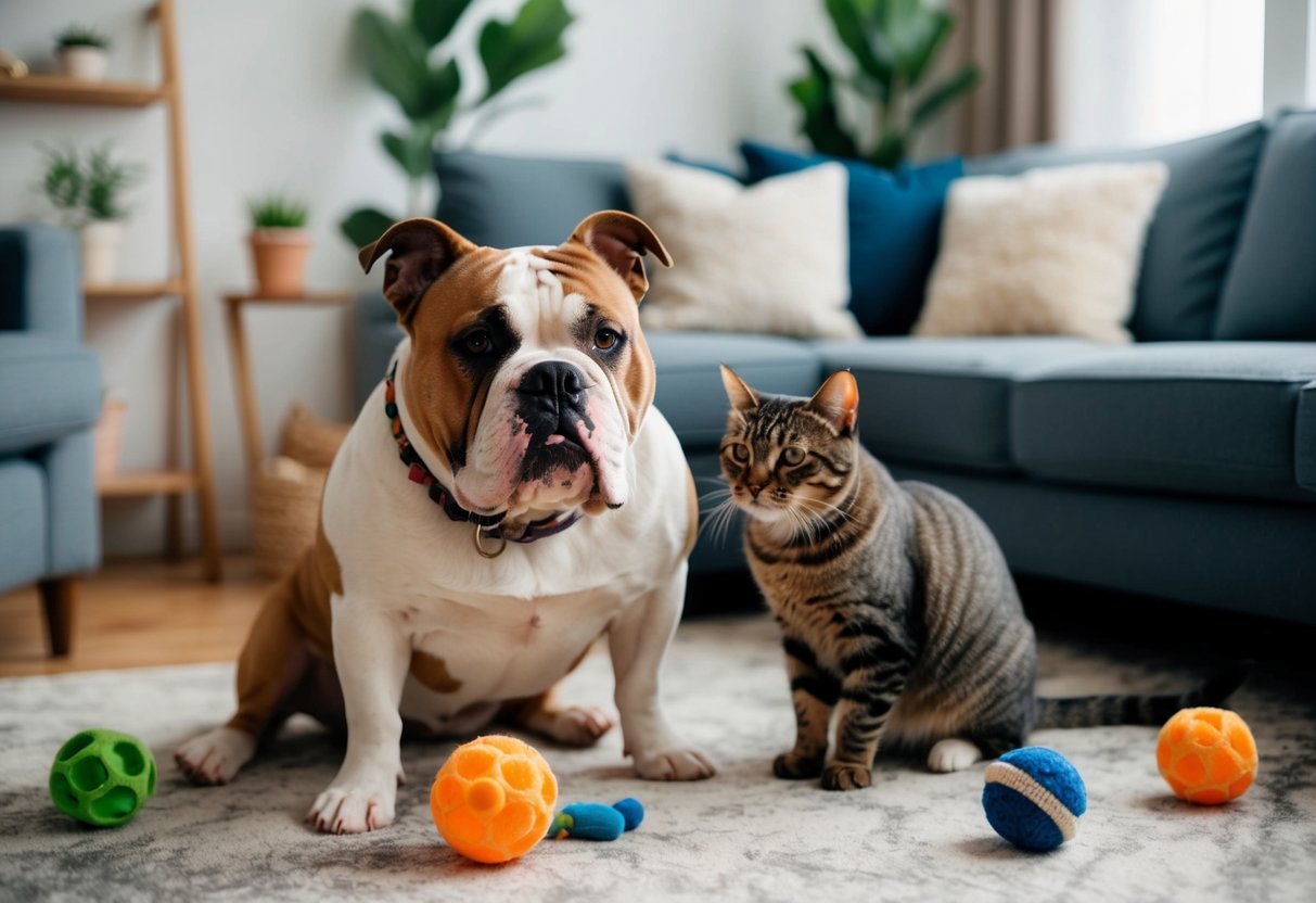 An American bulldog peacefully coexisting with a cat in a cozy living room with pet toys scattered around