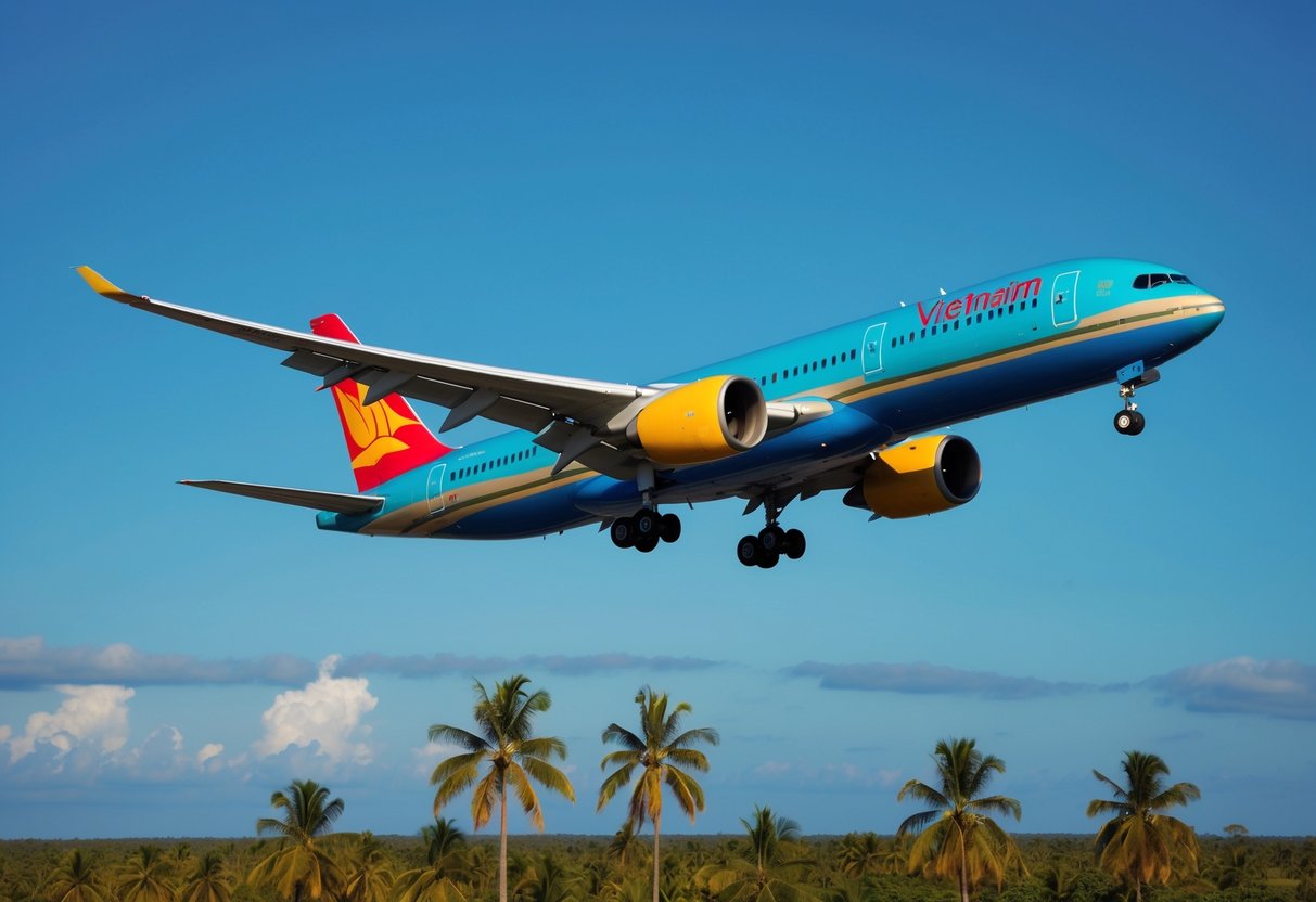 A vibrant airplane flying over a tropical landscape with palm trees and a clear blue sky, showcasing the Vietnam Airlines logo