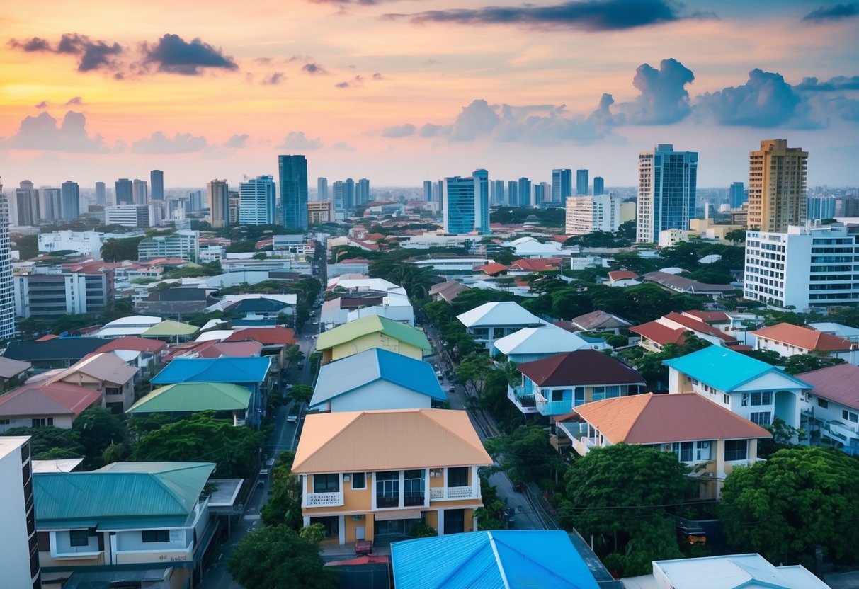 A bustling Cebu cityscape with diverse buildings and properties, showcasing affordable housing options and budget investment opportunities in the real estate market