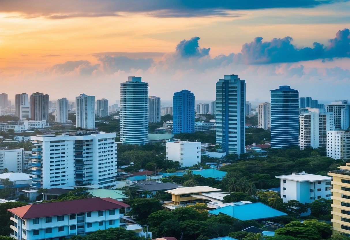 A bustling cityscape in Cebu with a mix of high-rise buildings and low-cost properties, showcasing the diversity of real estate options for budget-conscious investors