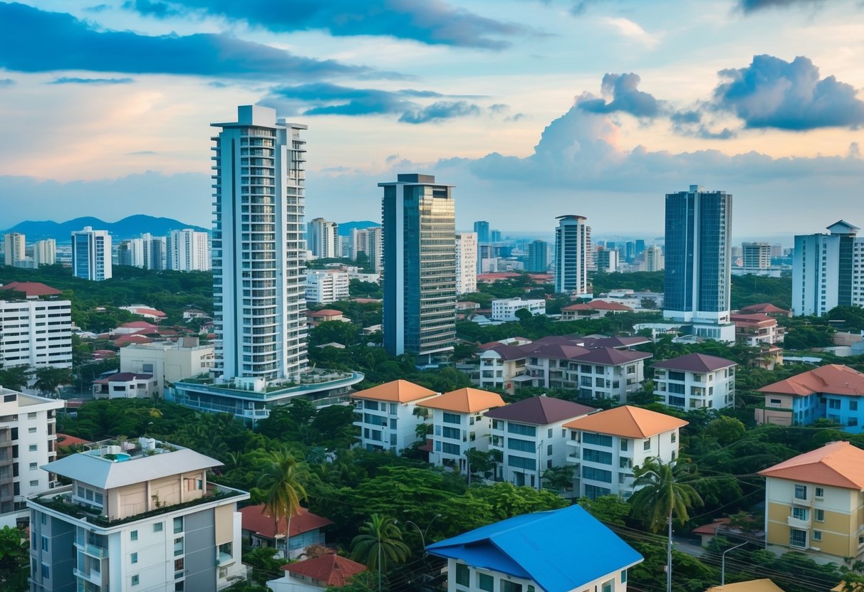 A bustling cityscape of Cebu, with a mix of modern high-rises and affordable housing properties, showcasing the potential for budget real estate investment