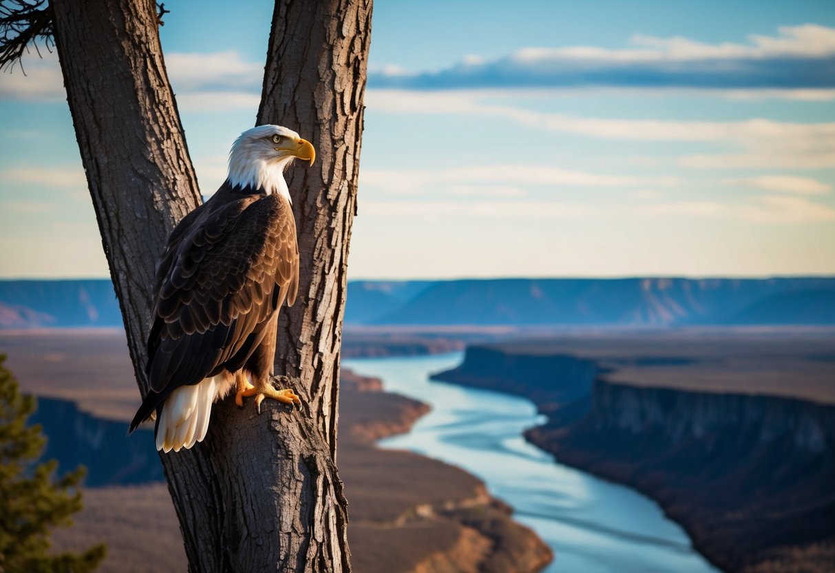 A bald eagle perched on a tall tree overlooking a vast, pristine river valley. The eagle's keen eyes scan the landscape below, searching for prey
