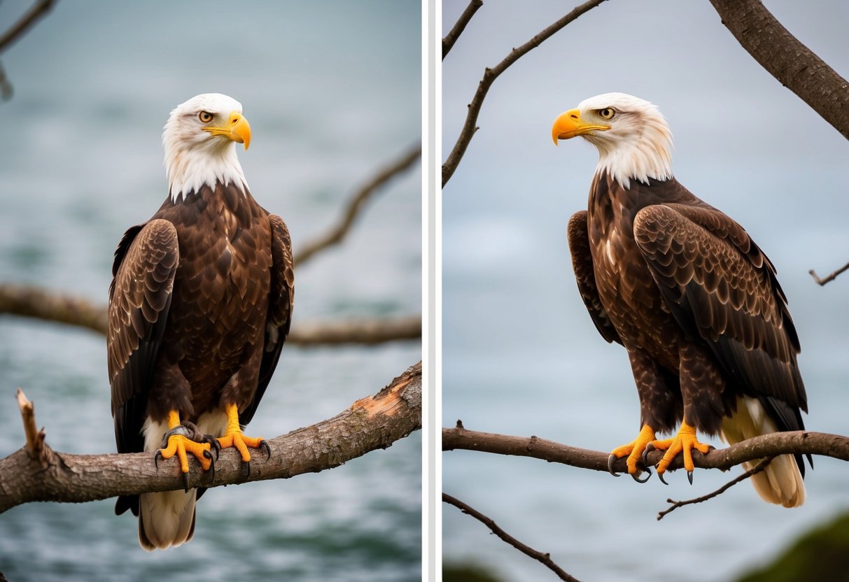 A sea eagle and a bald eagle are perched on separate tree branches, their distinctive white heads and powerful beaks clearly visible