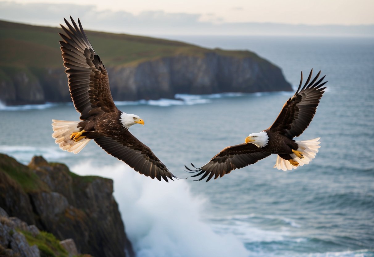 A sea eagle and a bald eagle soaring side by side over a coastal landscape, with rocky cliffs and crashing waves below
