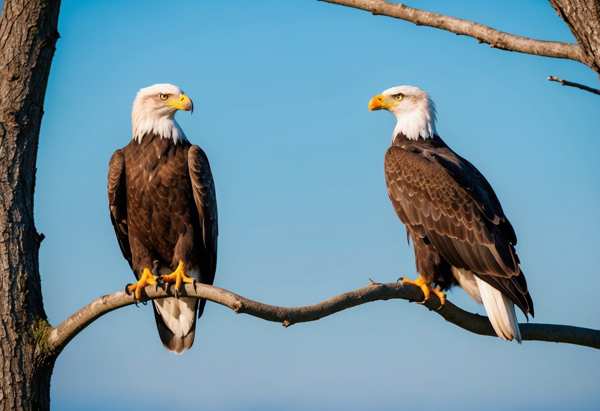 A sea eagle and a bald eagle perched on separate tree branches, facing each other with a clear blue sky in the background