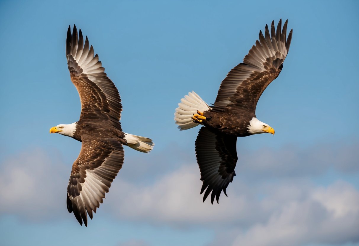 A sea eagle and a bald eagle soaring side by side, their distinct markings and wing shapes highlighted against a blue sky