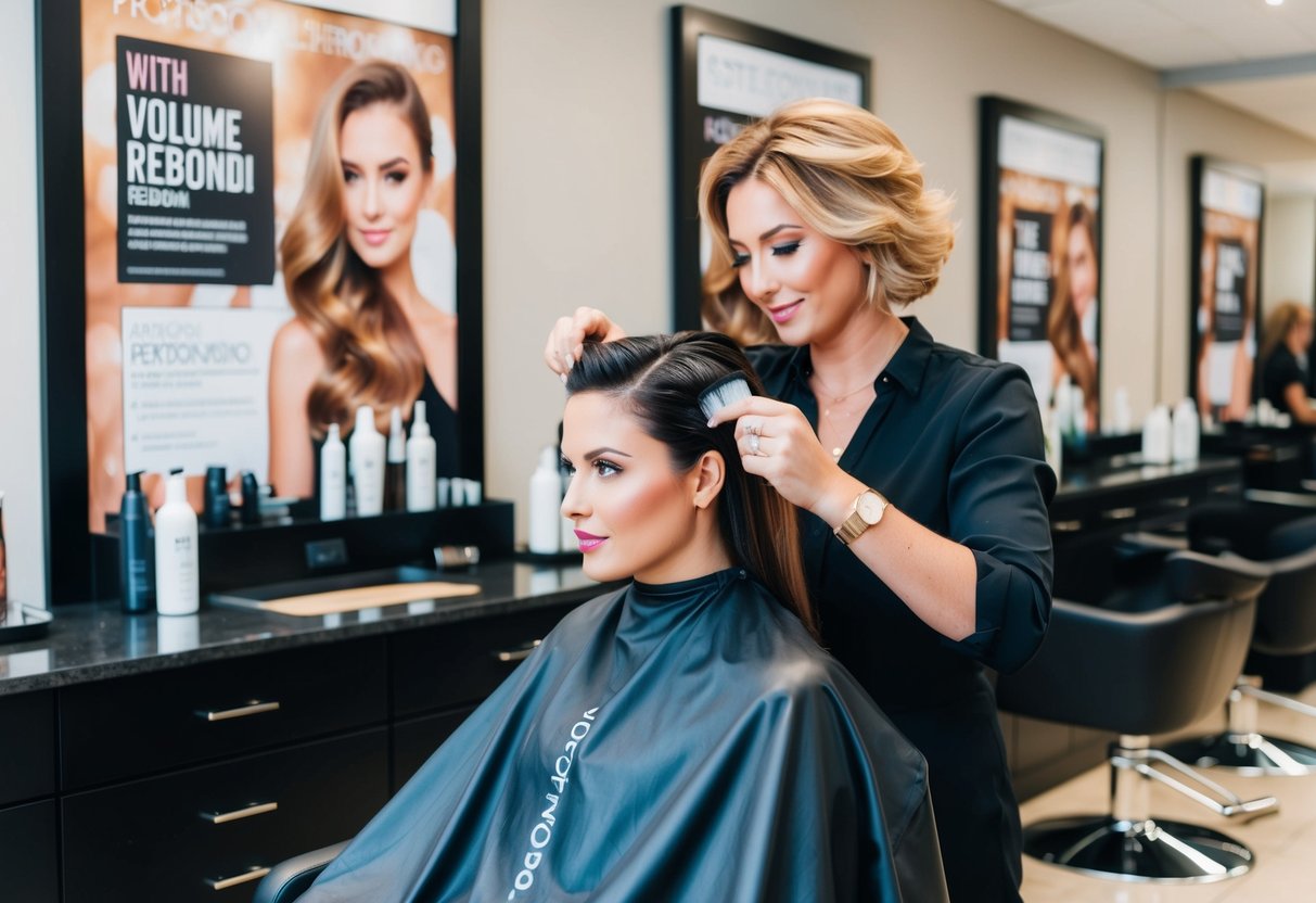 A salon chair with a client's hair being treated with volume rebonding products, surrounded by promotional posters and displays