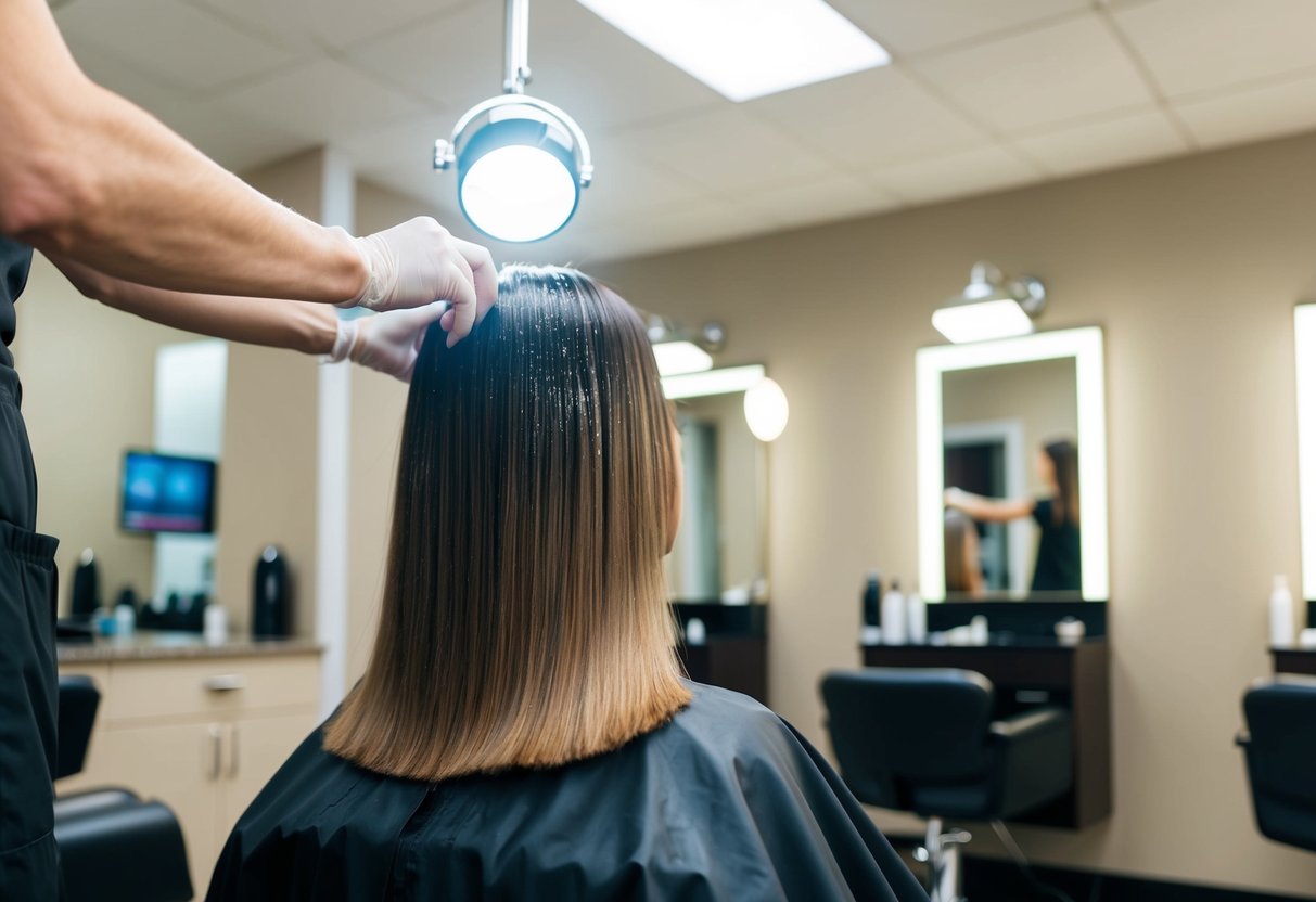 A salon chair with a client's hair being treated with rebonding solution under a bright light
