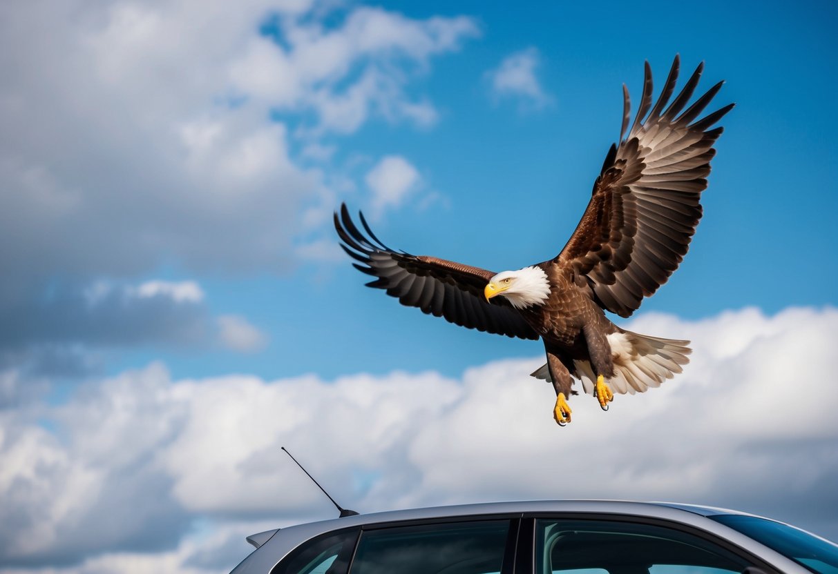 A bald eagle soars over a car, wings outstretched, against a blue sky with clouds
