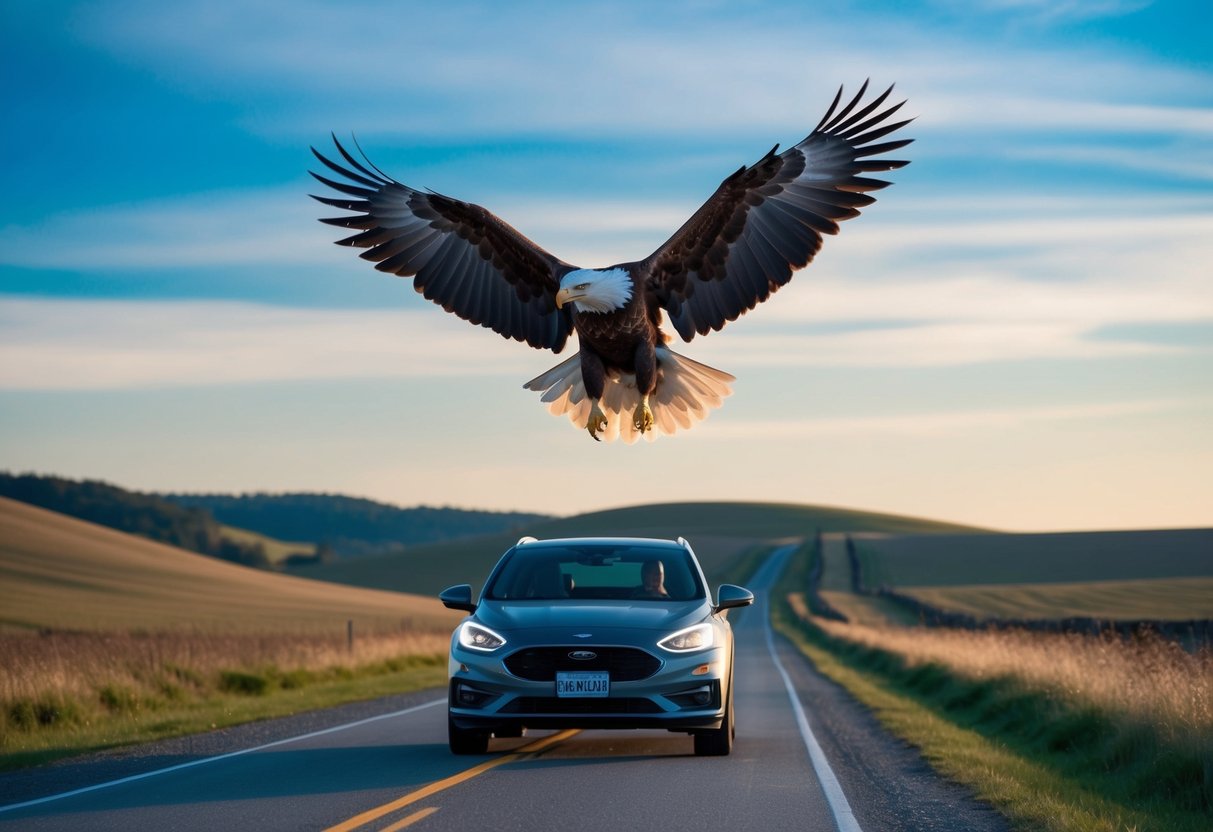 A bald eagle soars above a car on a quiet country road, its powerful wings outstretched against a backdrop of blue sky and rolling hills