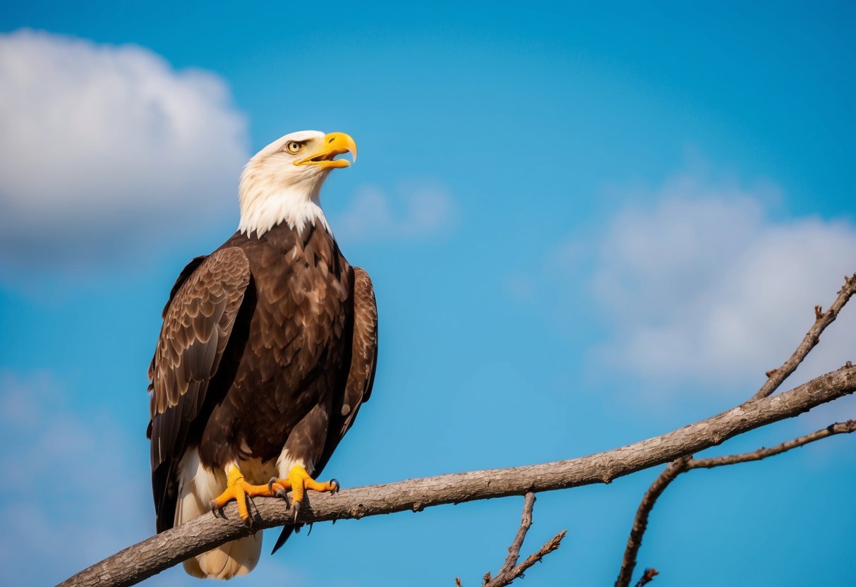 A bald eagle perched on a tree branch with its beak open, surrounded by a clear blue sky and a few fluffy white clouds