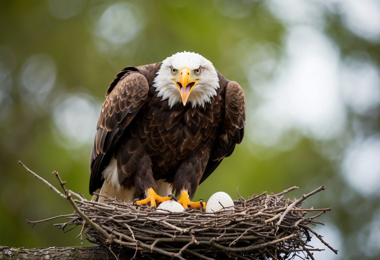 A bald eagle perched on a tree branch, mouth open, amidst a nest with eggs