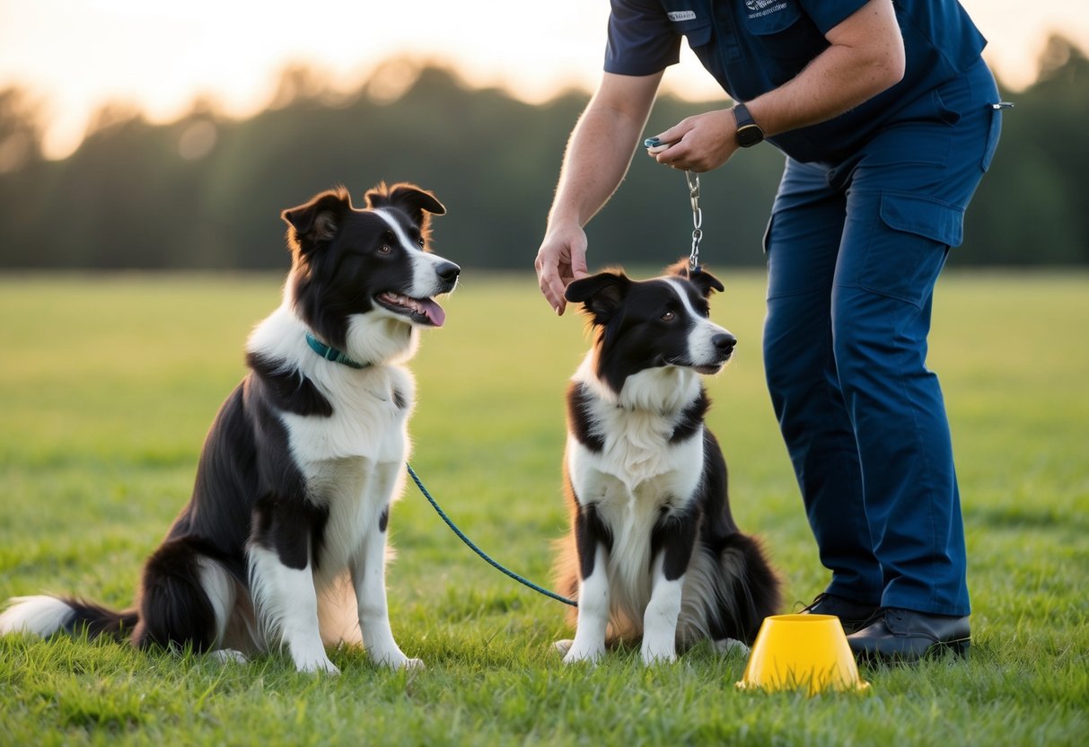 Two border collies being trained in a field, one sitting obediently while the other is being given a command by a trainer